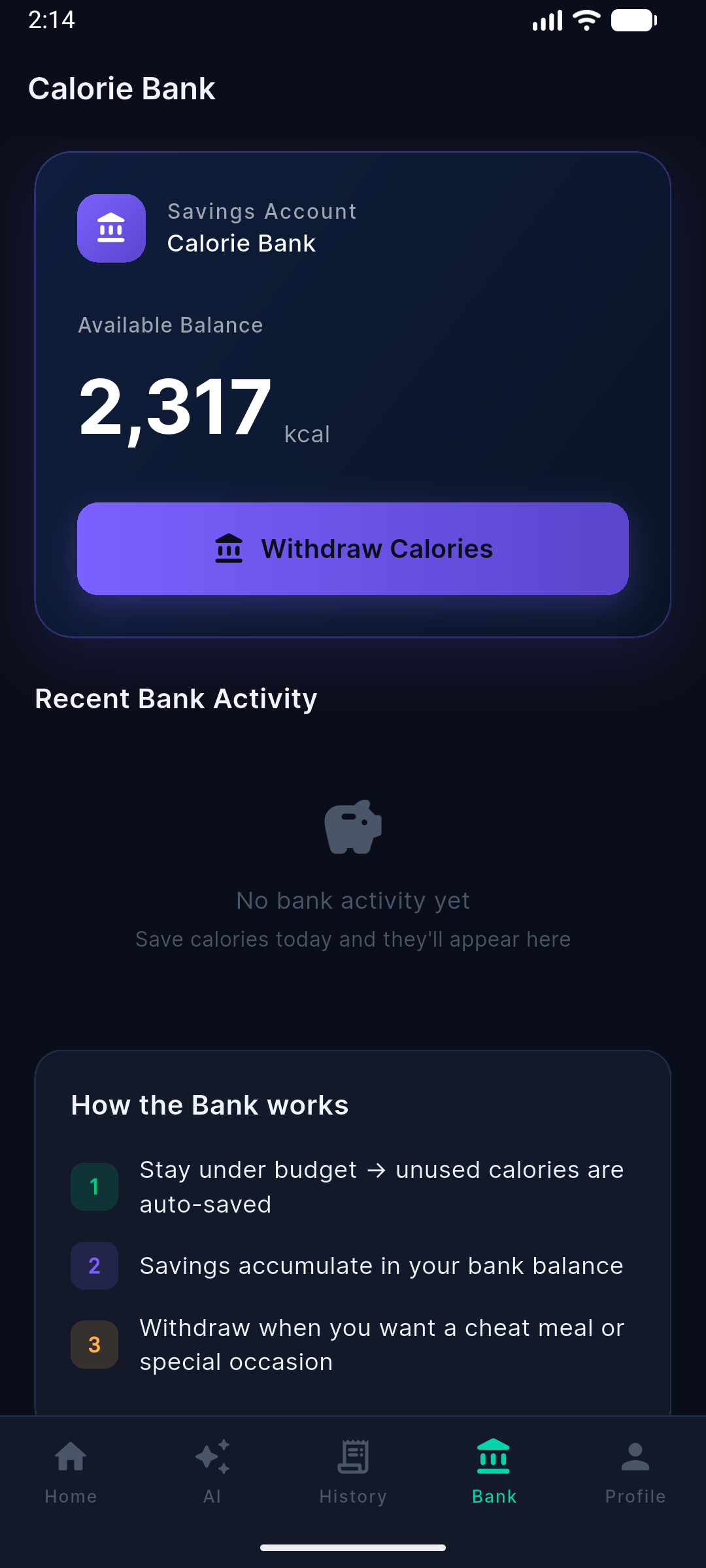 Calorie bank savings screen